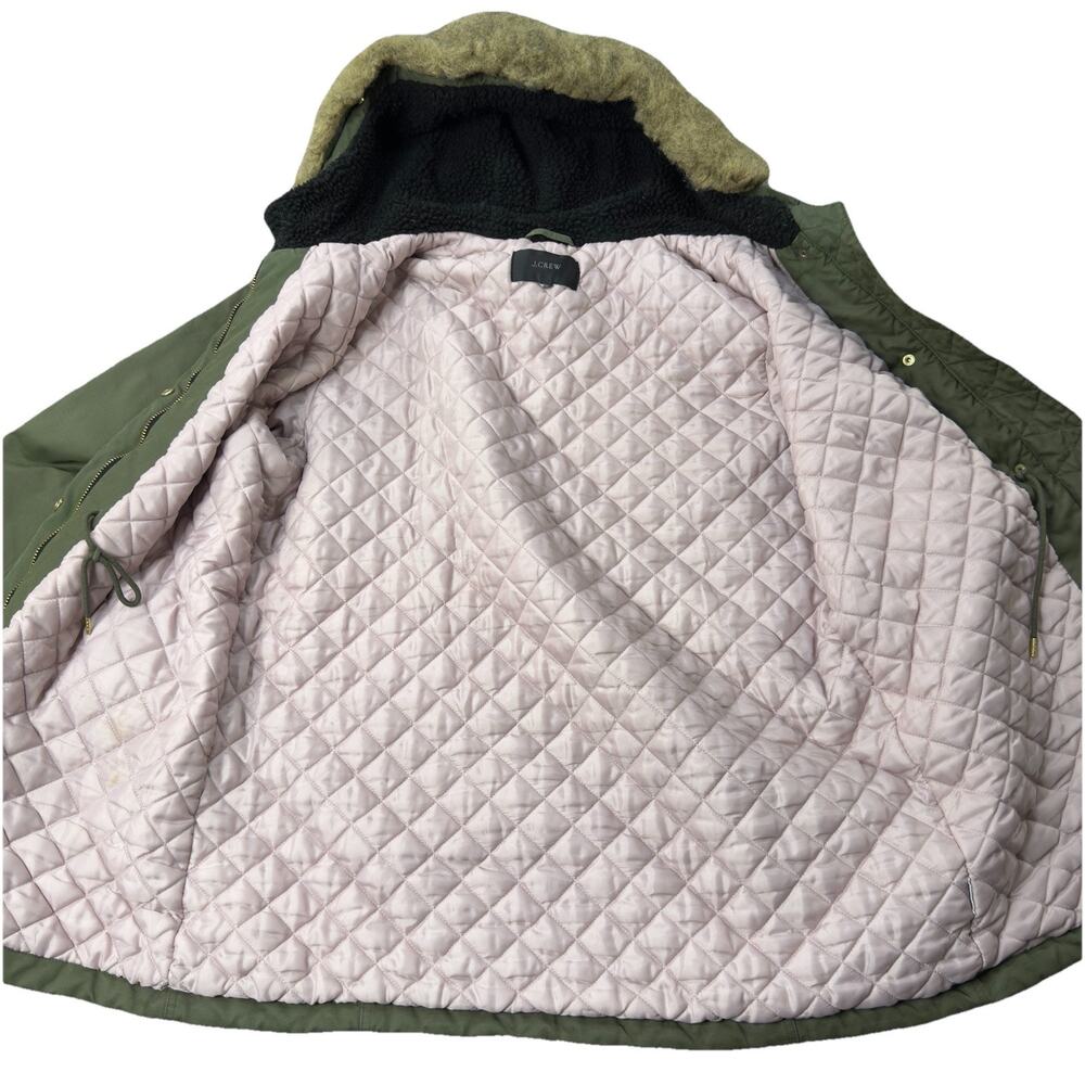 JCrew Perfect Winter Parka Olive Quilted Lined Faux Fur Hood Coat‎ Womens *L - Picture 2 of 13